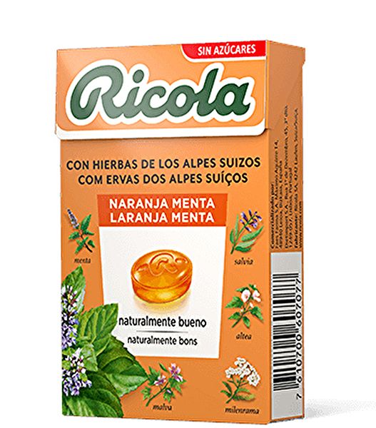 Ricola Sockerfri Caramel Orange 50 g. Fräschar upp mun och svalg Img 2