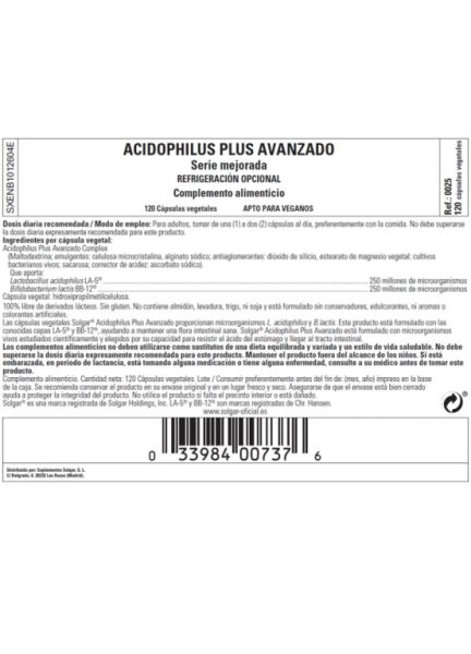 Advanced Acidofilus Plus 120 Càpsules Vegetals Img 2