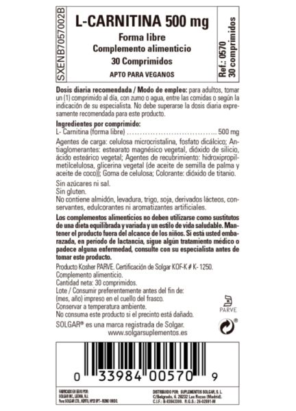 L-Carnitine 500 mg 30 Comprimés - SOLGAR Img 3