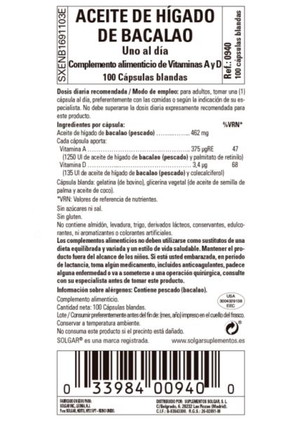 Aceite Hígado de Bacalao 100 Perlas - SOLGAR Img 2