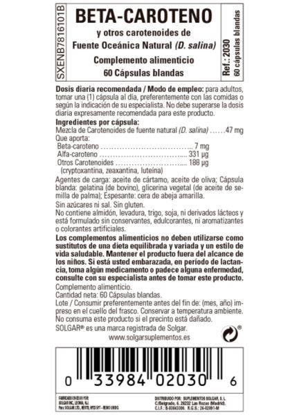 Beta Carotene 100% Naturale 7 mg 60 Perle - SOLGAR Img 3