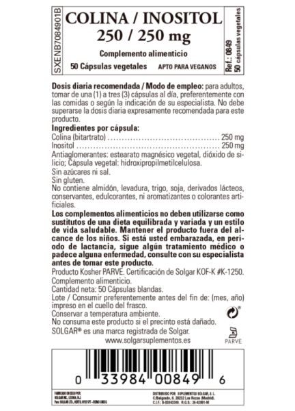 Colina Inositol 250/250 mg 50 cápsulas vegetais Img 3