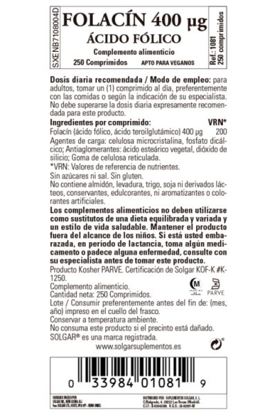 Folacin (Folsyra) 400 mcg 250 Tabletter - SOLGAR Img 3