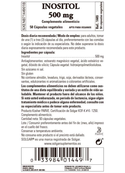 Inositol 500 mg 50 cápsulas vegetais - SOLGAR Img 3