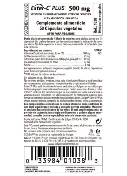 Ester C Plus 500 mg 50 cápsulas vegetais - SOLGAR Img 3