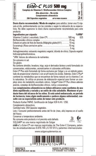 Ester C Plus 500 mg 250 cápsulas vegetais Img 3