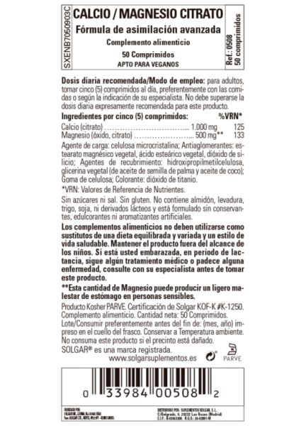 Calciummagnesiumcitraat 50 tabletten - SOLGAR Img 3