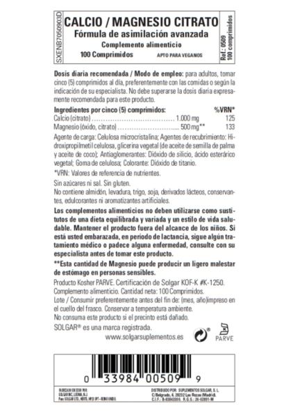 Calciummagnesiumcitraat 100 tabletten - SOLGAR Img 3