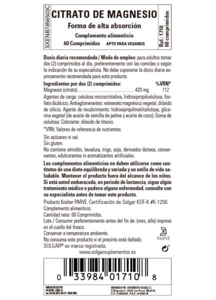 Citrate de Magnésium 60 Comprimés - SOLGAR Img 2