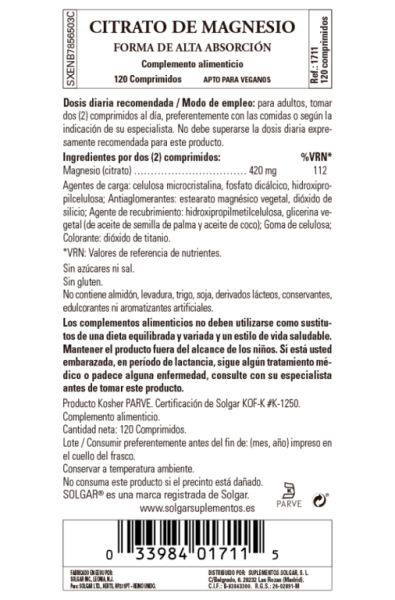 Citrate de Magnésium 120 Comprimés - SOLGAR Img 3