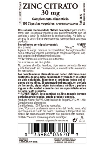 Citrat de Zinc 30 mg 100 Càpsules Vegetals Img 3