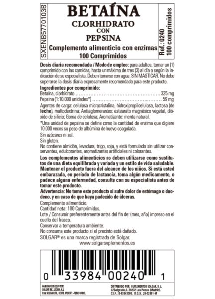 Chlorhydrate de Bétaïne avec Pepsine 100 Comprimés Img 3