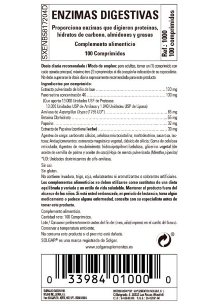 Enzymes Digestives 100 Comprimés - SOLGAR Img 3