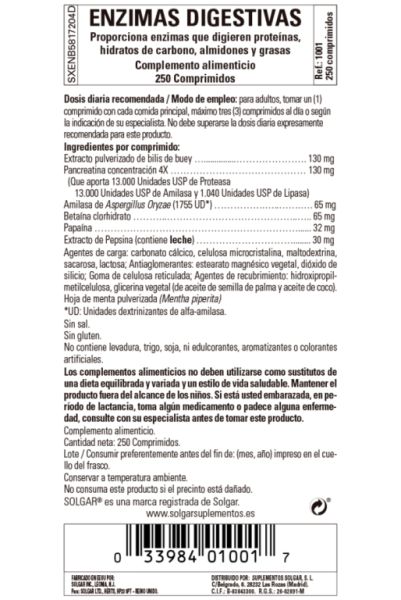 Enzymes digestives 250 Comprimés - SOLGAR Img 3