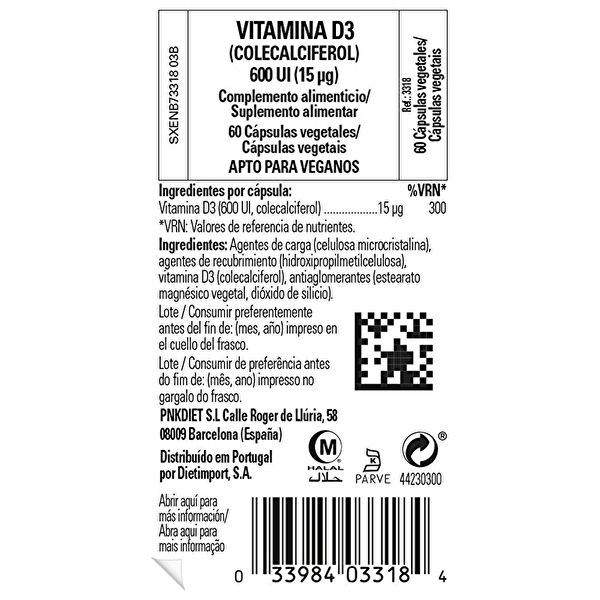 Vitamina D3 600 UI 15 mcg 60 Cápsulas Vegetales Img 3