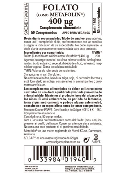 Folate (sous forme de métafoline) 400 mcg 50 comprimés Img 3