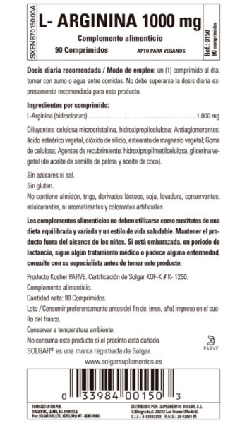 L-Arginine 1000 90 Comprimés - SOLGAR Img 3