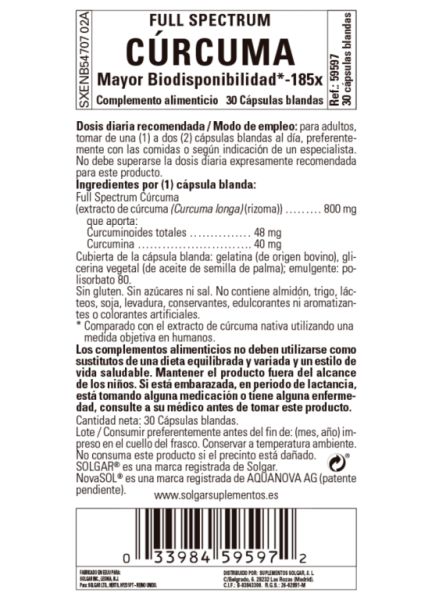 Full Spectrum Curcumin 30 Cápsulas - SOLGAR Img 2