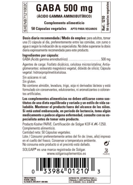 GABA 500 mg 50 cápsulas vegetais - SOLGAR Img 3