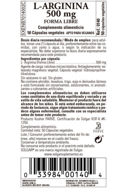 L-Arginina 500 mg 50 cápsulas vegetais - SOLGAR Img 3