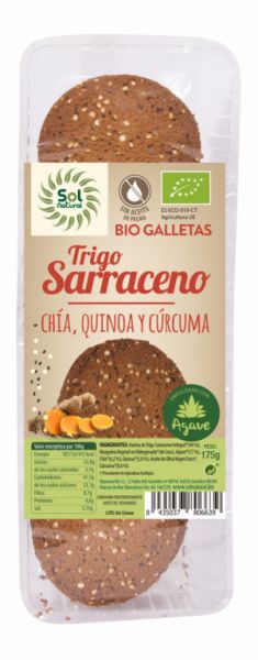 BIO biscoitos de trigo sarraceno com chia, quinoa e cúrcuma 175 gramas