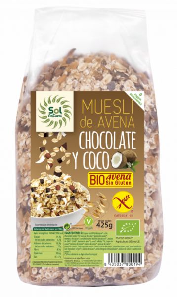 MUESLI DE AVEIA COCO-CHOCOLATE ORGÂNICO SEM GLÚTEN 425 g