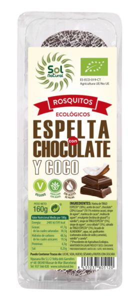 ORGANIC CHOCOLATE AND COCONUT SPELLED ROSQUITOS 160 g