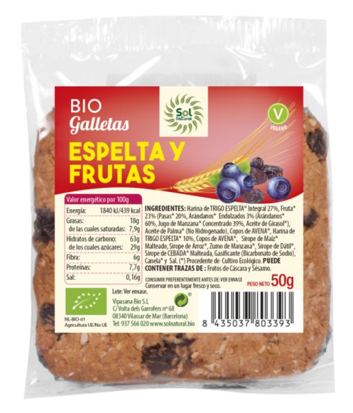 BISCOITO DE ESPELTA E FRUTAS ORGÂNICOS 50 g