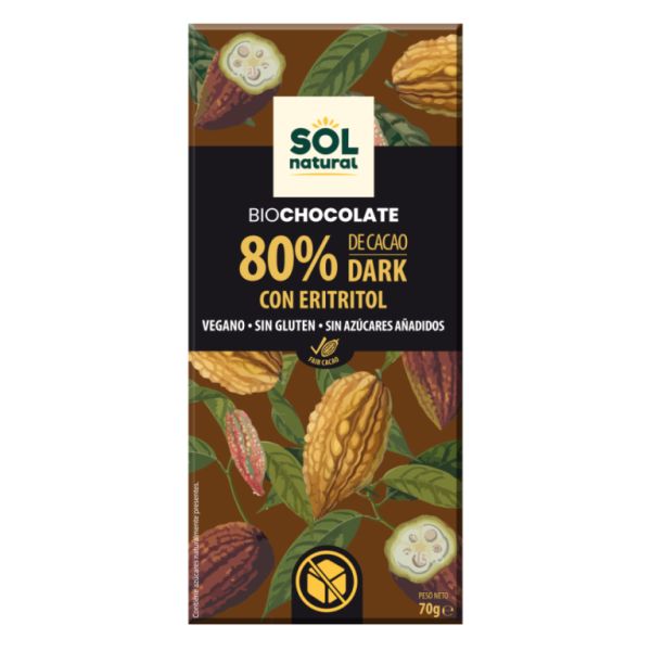 Chocolat Noir 80% Cacao Bio 70 g - Sol Natural