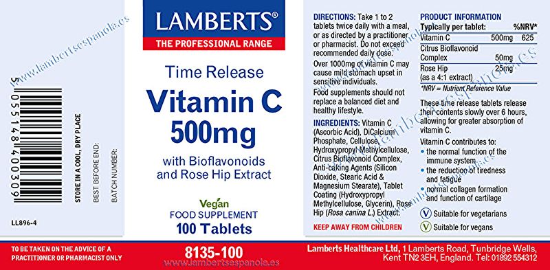 Vitamina C 500mg amb Bioflavonoides 100 Tabs. Disminueix el cansament i la fatiga. Img 3