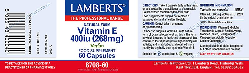 Vitamina E 400 UI 60 Cápsulas - LAMBERTS Img 3