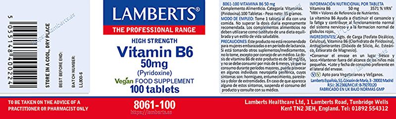 Vitamine B6 (Pyridoxine) 100 gélules - LAMBERTS Img 2