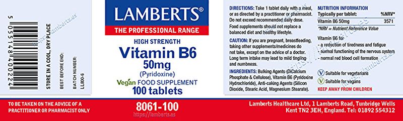 Vitamine B6 (Pyridoxine) 100 gélules - LAMBERTS Img 3