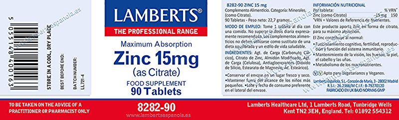 Zinc 15 mg 90 Tabletas - LAMBERTS Img 2