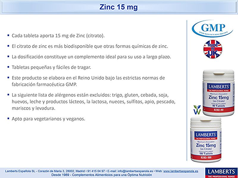 Zinc 15 mg 90 Tabletas - LAMBERTS Img 4