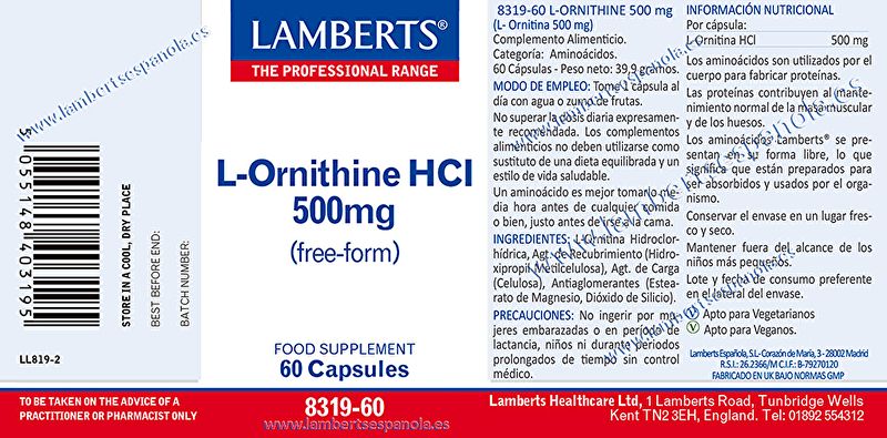 L-Ornithin 500 mg 60 Kapseln - LAMBERTS Img 2