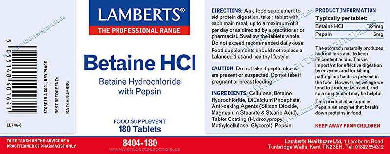 Betain HCl mit Pepsin 180 Tabletten - LAMBERTS Img 3