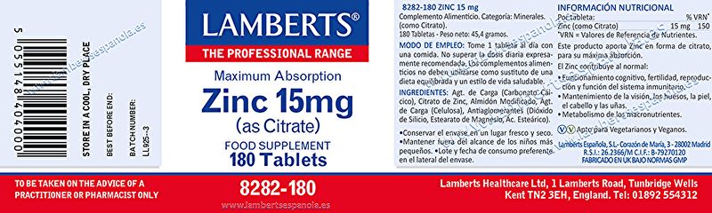 Zinc 15 mg 180 Tabletas - LAMBERTS Img 2