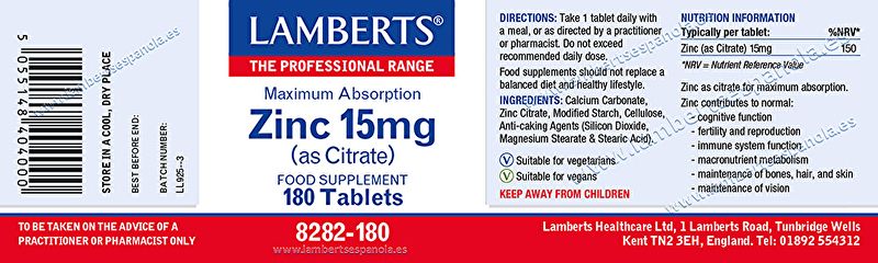 Zinc 15 mg 180 Tabletas - LAMBERTS Img 3