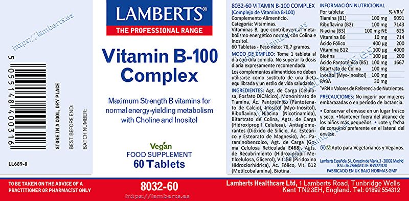 Complex de Vitamines B100 60 Càpsules - LAMBERTS Img 2