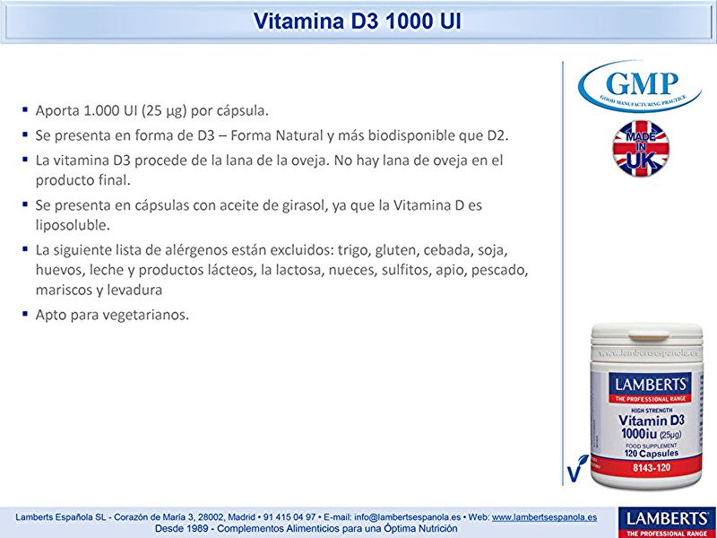 Vitamina D3 1000 UI 120 Cápsulas - LAMBERTS Img 5