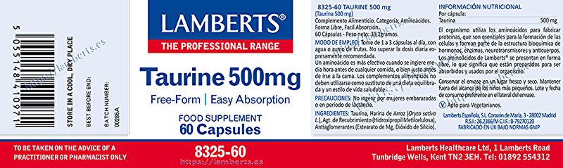 Taurin 500 mg 60 Kapseln - LAMBERTS Img 2