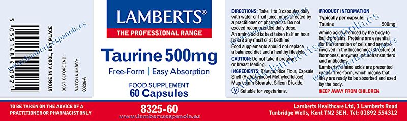 Taurine 500 mg 60 Capsules - LAMBERTS Img 3