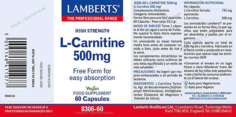 L-Carnitina 500 mg 60 Compresse - LAMBERTS Img 2