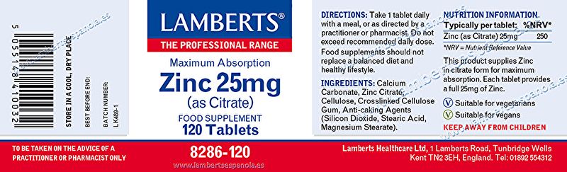 Zinc 25 mg 120 Rajoles - LAMBERTS Img 3