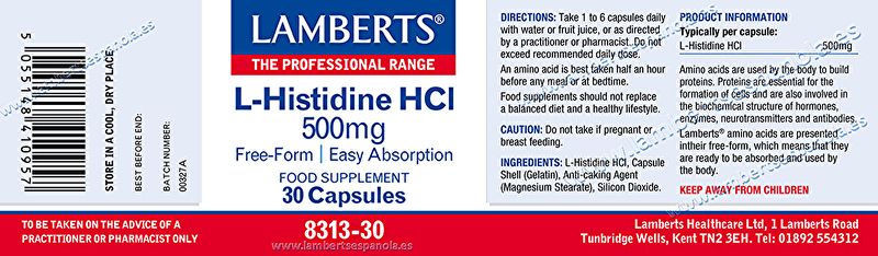 L-Histidina HCI 500 mg 30 Cápsulas - LAMBERTS Img 2