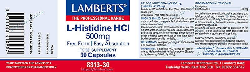 L-Histidin HCI 500 mg 30 kapslar - LAMBERTS Img 3