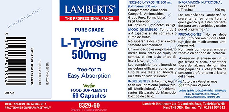 L-Tirosina 500 mg 60 Cápsulas - LAMBERTS Img 2