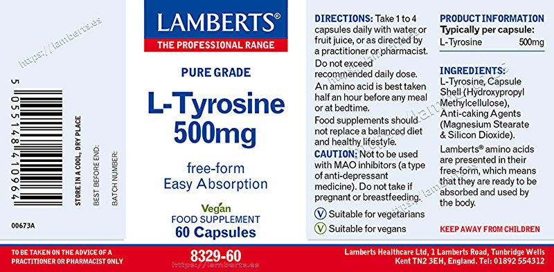 L-Tirosina 500 mg 60 Cápsulas - LAMBERTS Img 3