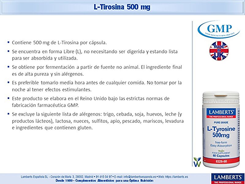 L-Tirosina 500 mg 60 Cápsulas - LAMBERTS Img 5